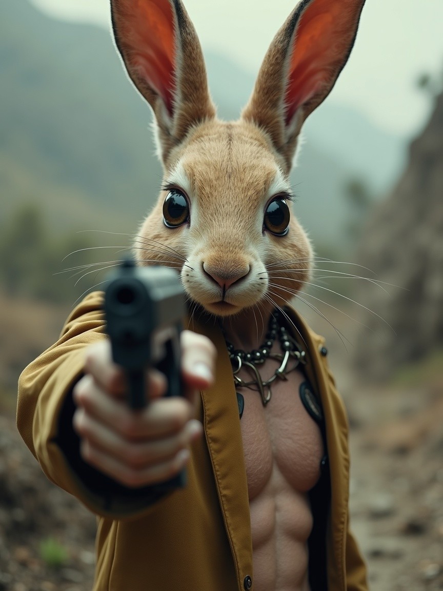 Muscular Rabbit in Rugged Landscape with Handgun