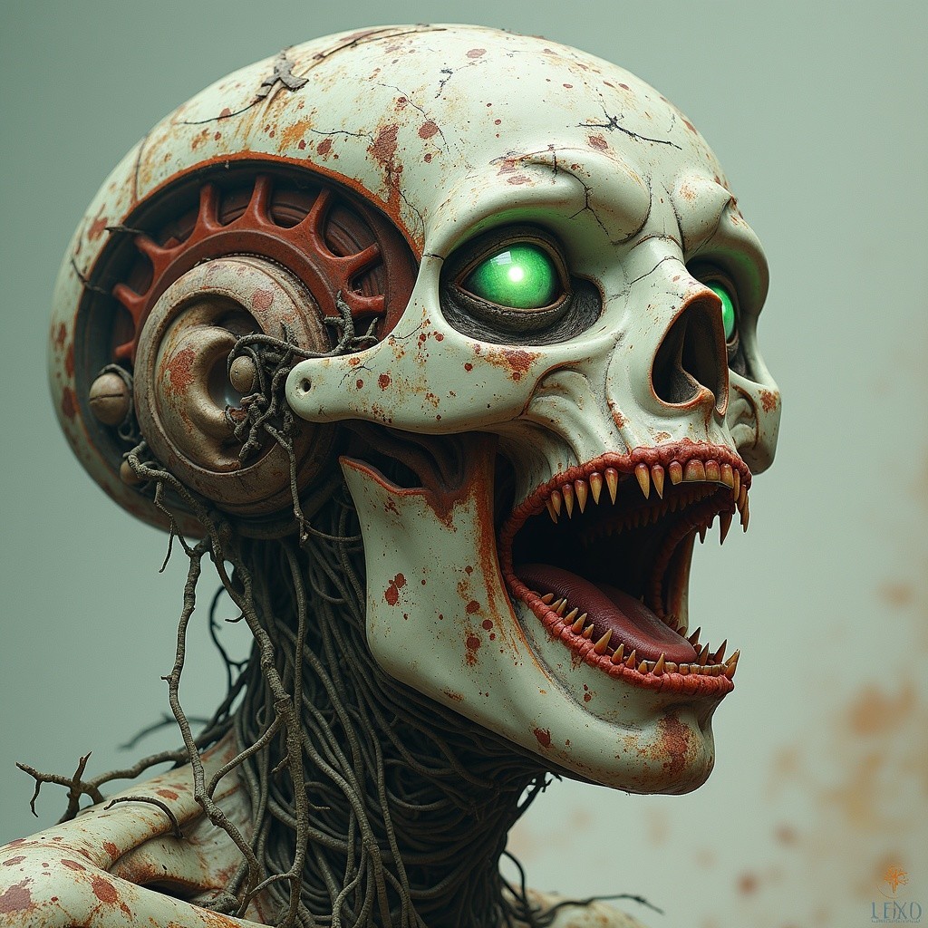 Detailed Skeletal Robot Head with Glowing Eyes
