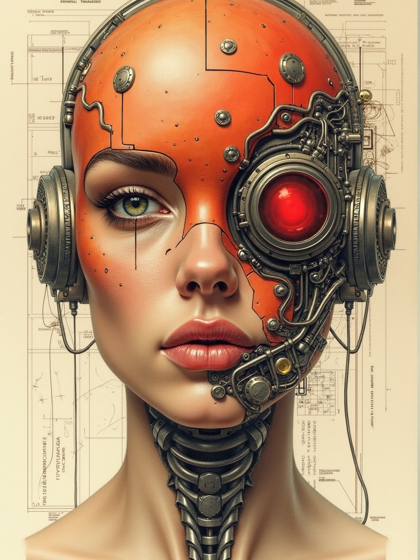 Futuristic Humanoid Robot with Orange Metallic Face