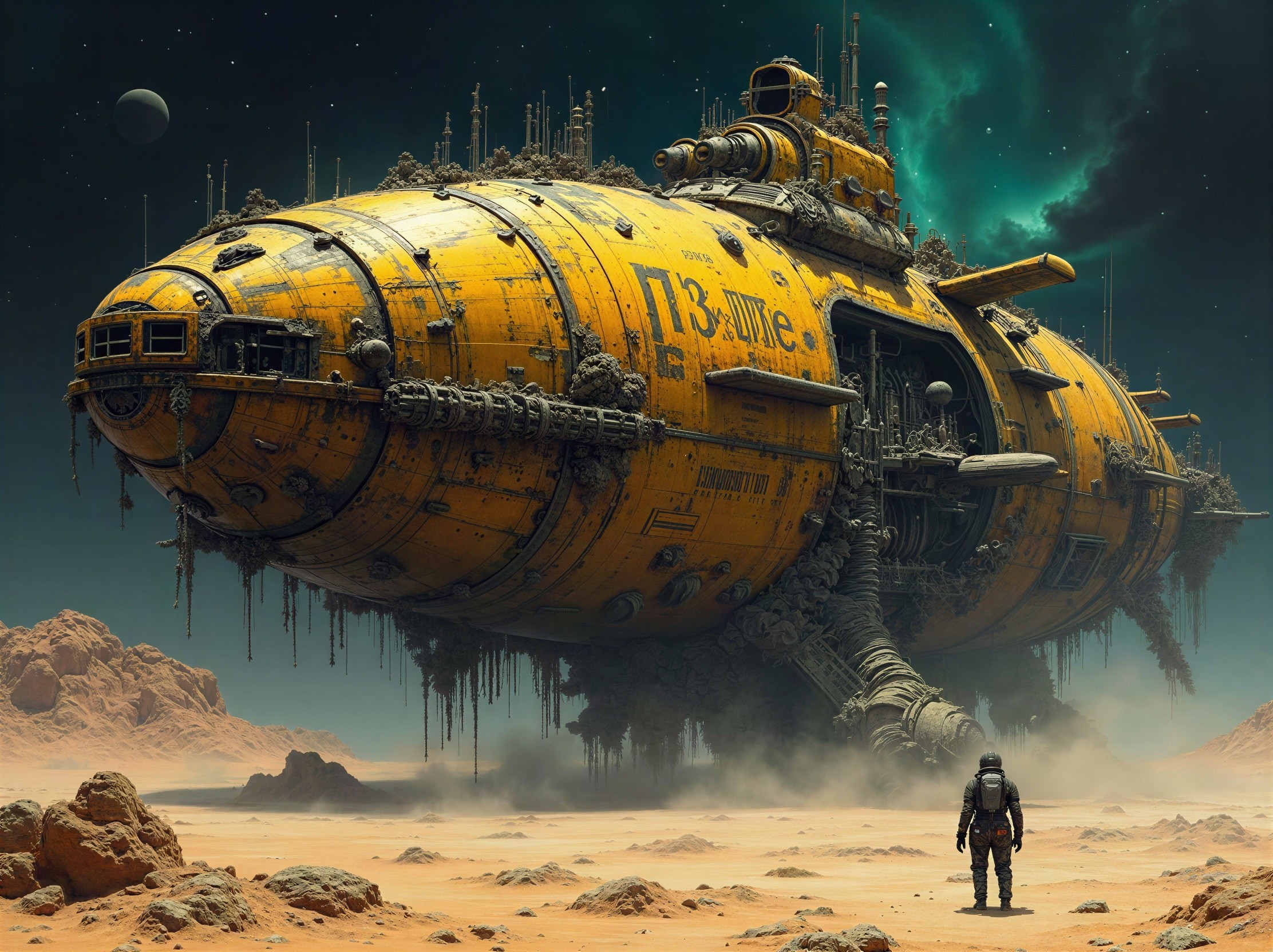 Detailed sci-fi scene of a yellow airship over Mars