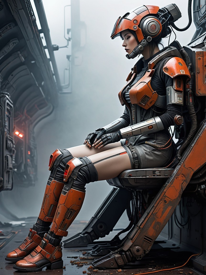Futuristic cyborg in high-tech environment with armor