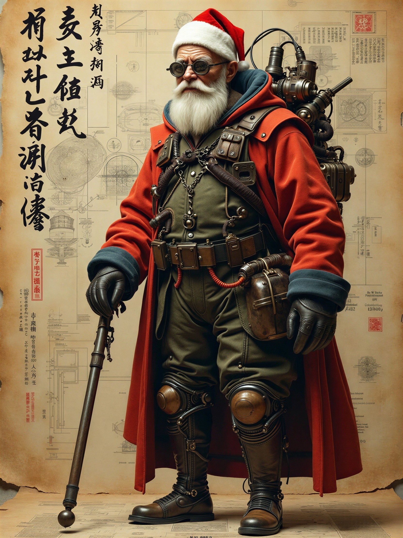 Steampunk Santa Claus in Olive Green and Red Outfit