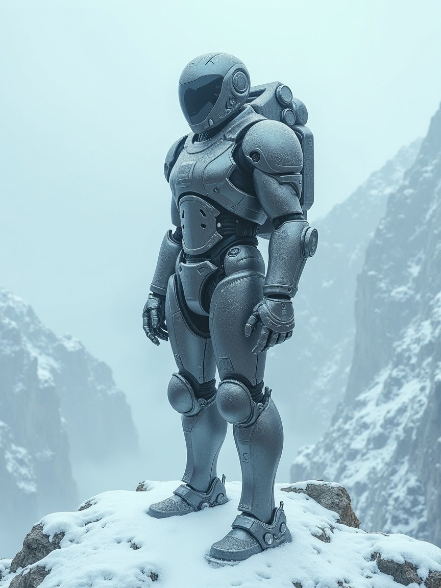 Futuristic Robot on Snowy Rocky Outcrop in Mountains
