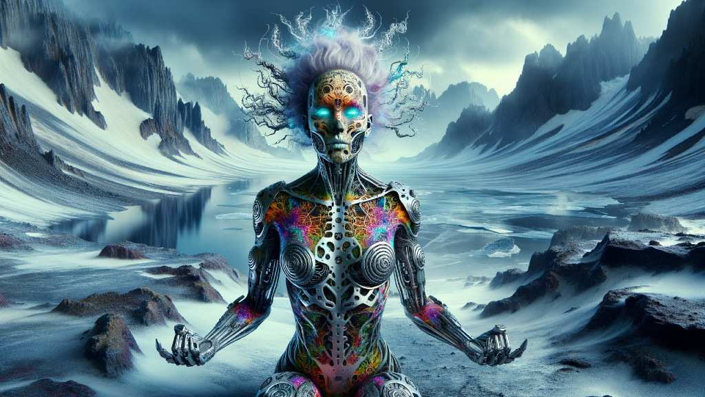 Futuristic Cyborg Meditating in Alien Landscape