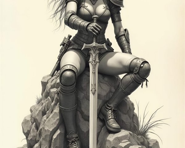 Black and white sketch of a female warrior in armor