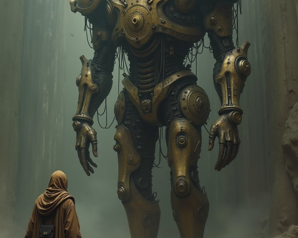 Cloaked Figure and Steampunk Robot in Misty Forest