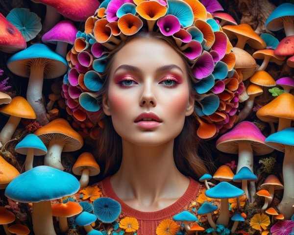 Woman with Colorful Makeup Surrounded by Mushrooms
