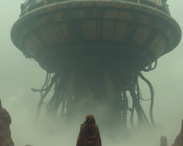 Cloaked Figure in Post-Apocalyptic Landscape with Structure