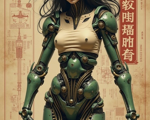 Futuristic humanoid robot with green metallic design