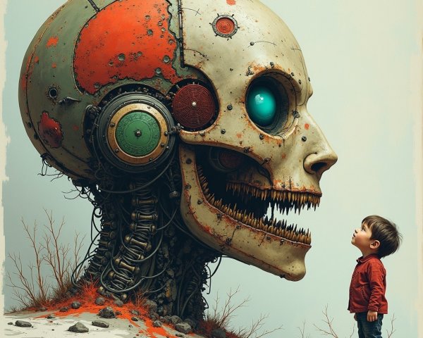 Child Awed by Massive Colorful Robotic Skull