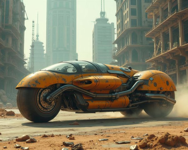 Futuristic yellow armored vehicle in dystopian cityscape