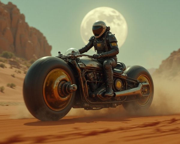 Futuristic Motorcycle in a Desert Landscape with Moon