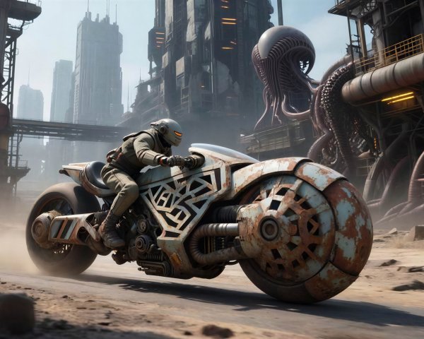 Futuristic Rider on Rusty Motorcycle in Dystopian City