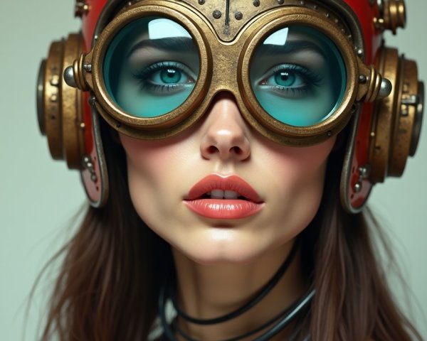 Steampunk Woman with Red Helmet and Blue Eyes