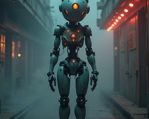 Futuristic Robot in Dimly Lit Industrial Alleyway