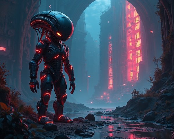 Humanoid Figure in Futuristic Misty Landscape