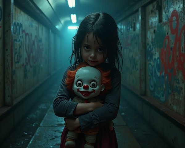 Young girl with clown doll in misty graffiti alley