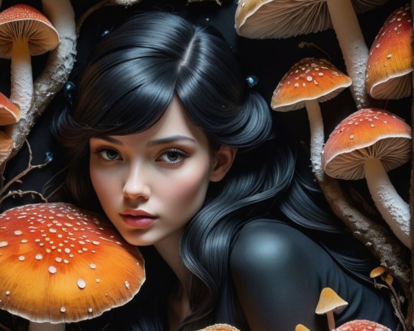 Young woman with black hair among vibrant mushrooms