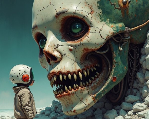 Child in Space Helmet Before Giant Skull Structure
