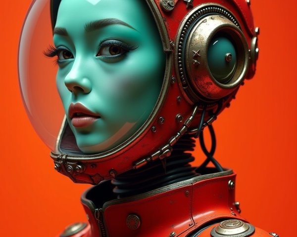 Futuristic humanoid in turquoise with retro space helmet