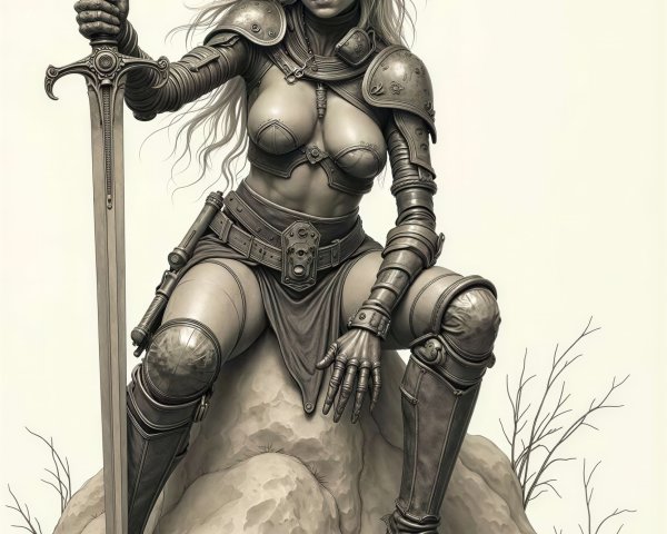 Detailed Grey-Scale Image of a Female Warrior