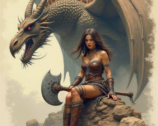 Warrior Woman with Axe and Brown Dragon in Fantasy Scene