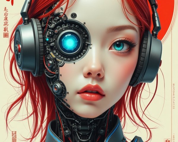 Futuristic humanoid with red hair and blue eyes