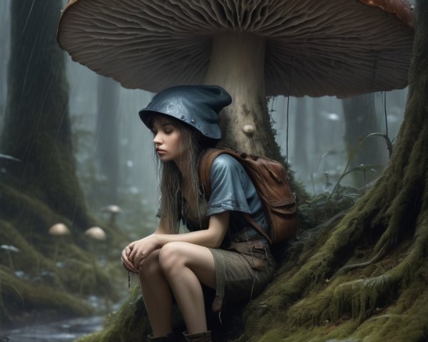Young girl in misty forest under vibrant mushroom