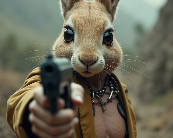 Muscular Rabbit in Rugged Landscape with Handgun