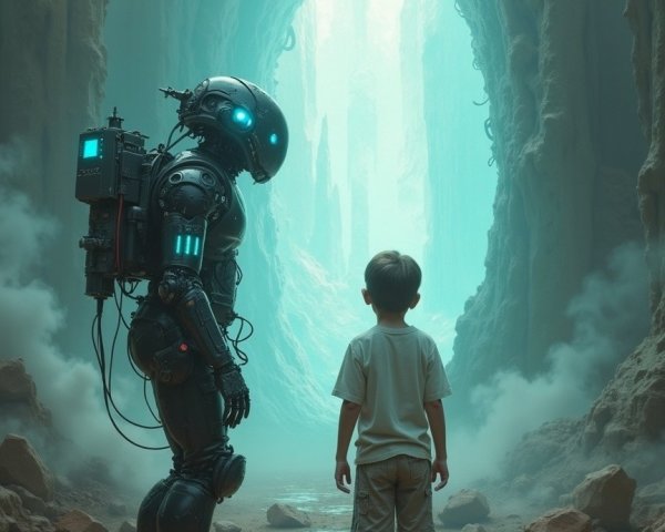 Mystical Cave Scene with Boy and Humanoid Robot