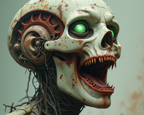 Detailed Skeletal Robot Head with Glowing Eyes