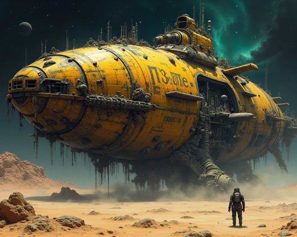Detailed sci-fi scene of a yellow airship over Mars