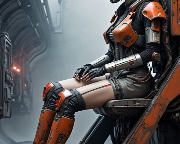 Futuristic cyborg in high-tech environment with armor