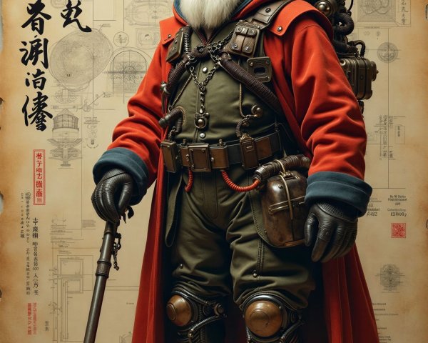 Steampunk Santa Claus in Olive Green and Red Outfit