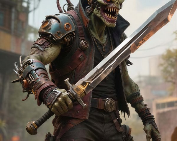 Dystopian Cyborg Goblin with Industrial Background