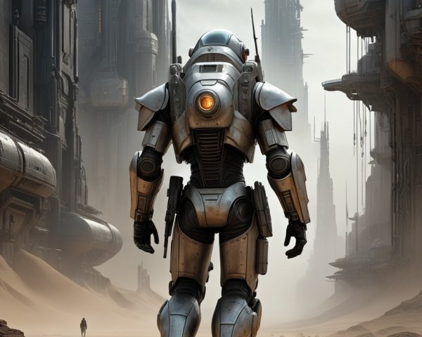 Futuristic figure in desert landscape with skyscrapers