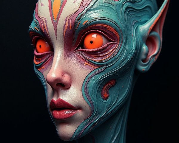 Fantastical alien figure with teal skin and vibrant patterns