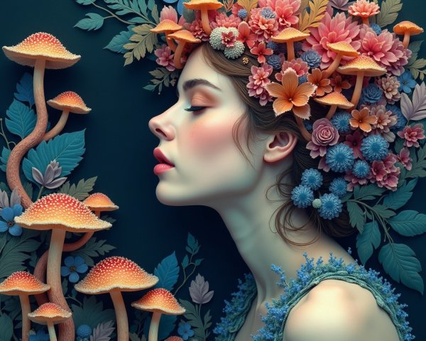 Serene Woman with Floral Crown and Colorful Surroundings