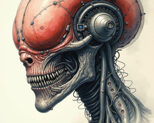 Hyper-realistic cyborg head with mechanical features