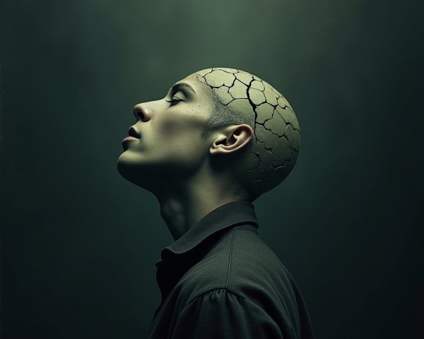Bald Head with Cracked Surface in Surreal Setting