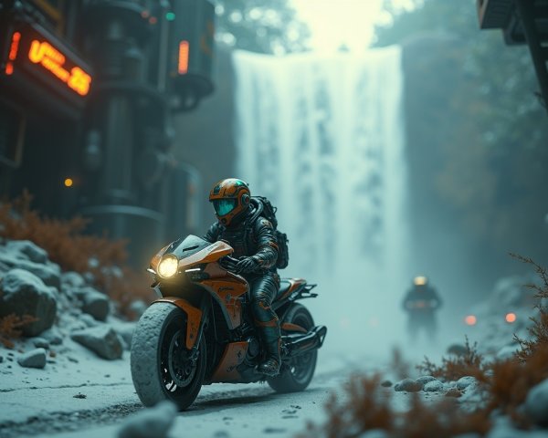 Futuristic Riders on Motorcycles by a Waterfall