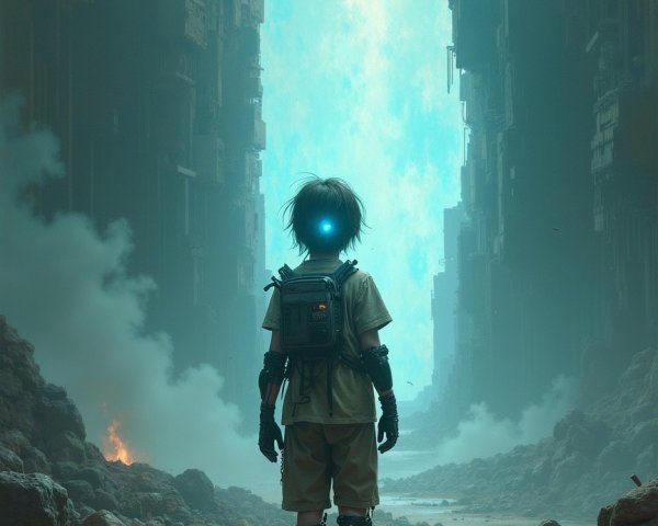Futuristic Urban Scene with Child and Glowing Portal