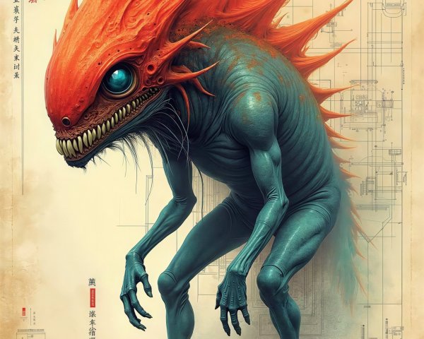 Creepy Humanoid Creature with Red Spiked Head and Teal Body