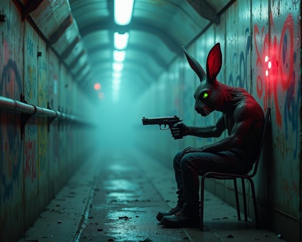 Humanoid Rabbit Figure with Handgun in Graffiti Tunnel