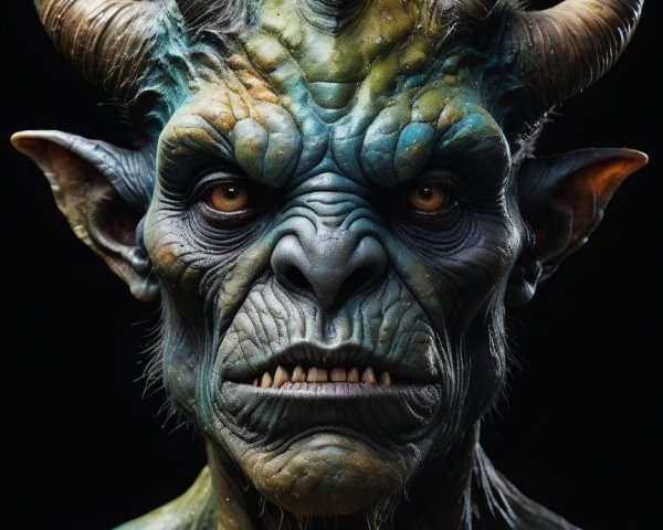 Mythical Creature with Horns and Cosmic Skin Pattern