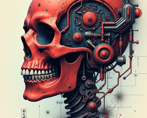 Stylized Red Skull with Mechanical Components and Abstract Background