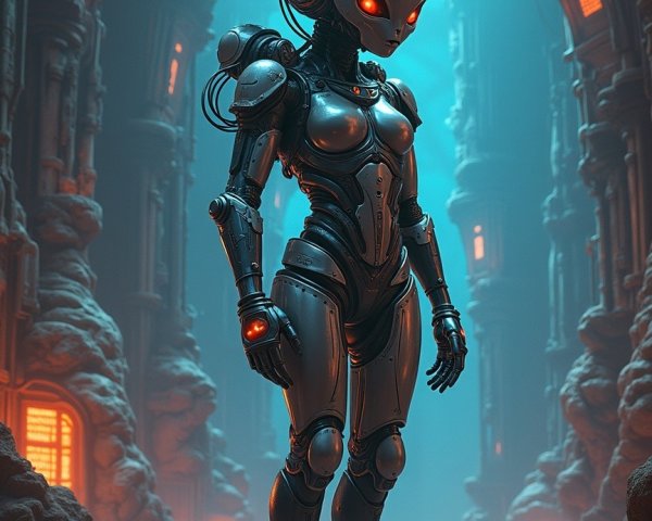 Futuristic humanoid robot in a dim cavernous setting