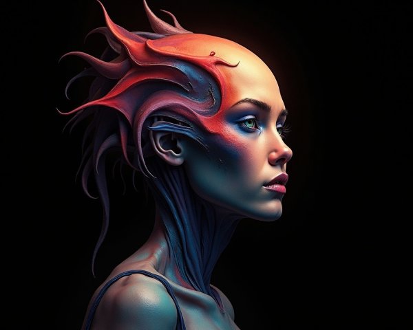 Humanoid Figure with Alien Features in Vibrant Colors