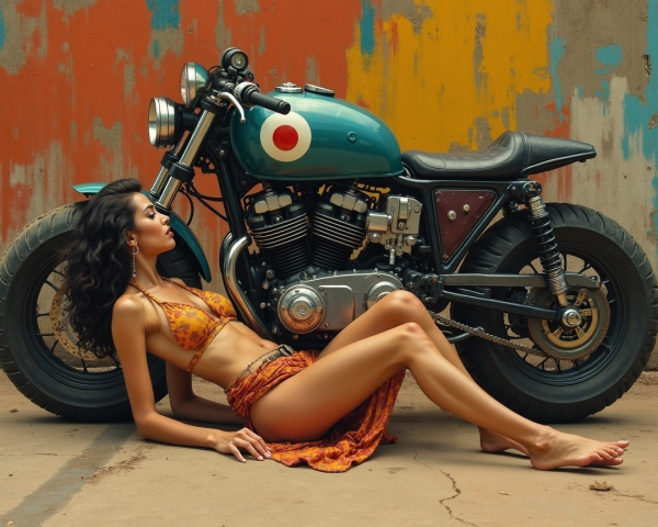 Stylish Woman with Vintage Motorcycle and Colorful Wall