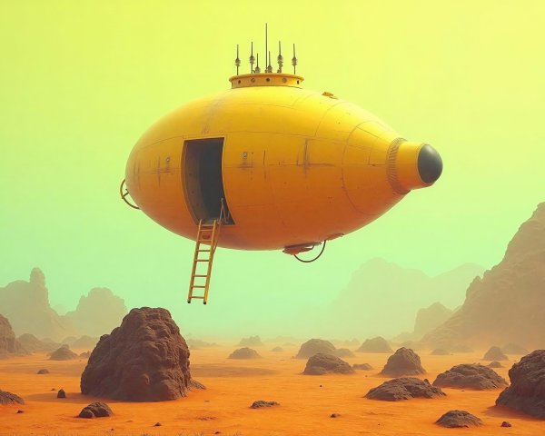 Whimsical Yellow Zeppelin in Alien Landscape